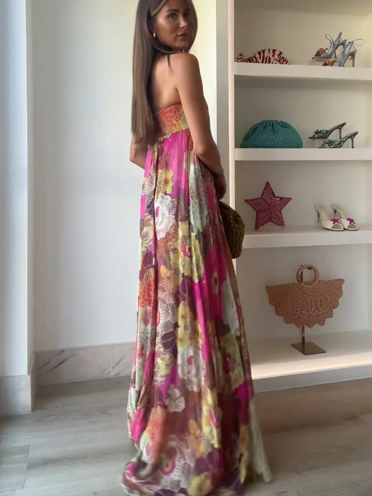 Strapless Floral Print Maxi Dress