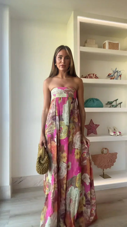 Strapless Floral Print Maxi Dress