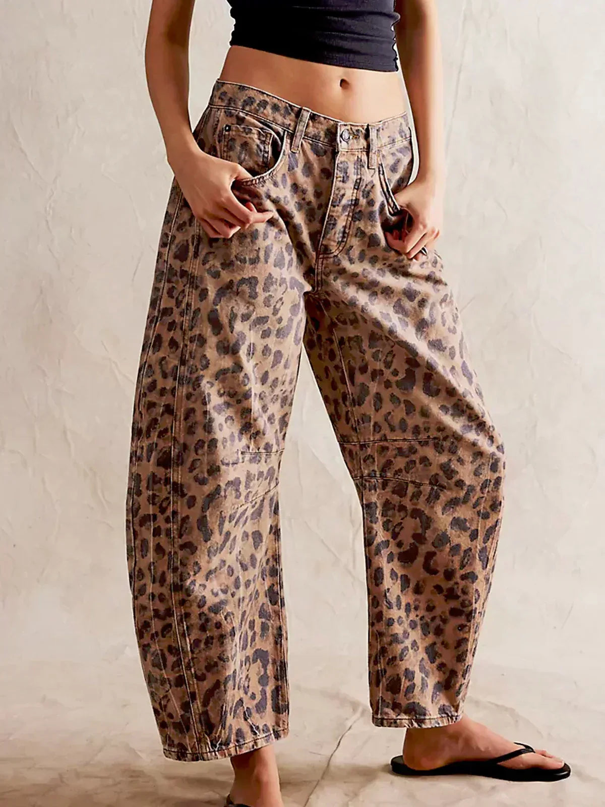 Wide-Leg Leopard Pattern Denim Trousers