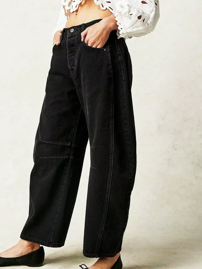 Wide-Leg Leopard Pattern Denim Trousers