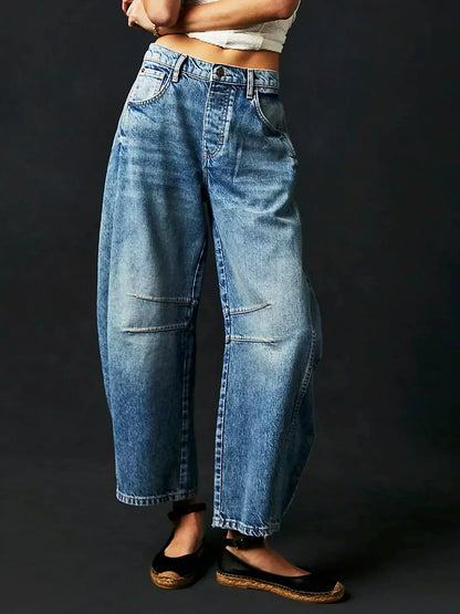 Wide-Leg Leopard Pattern Denim Trousers