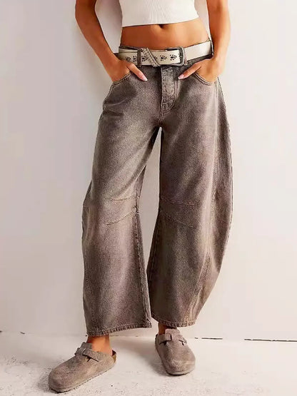 Wide-Leg Leopard Pattern Denim Trousers