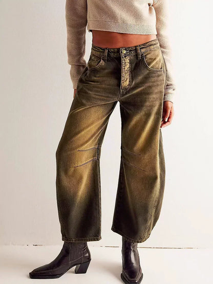 Wide-Leg Leopard Pattern Denim Trousers