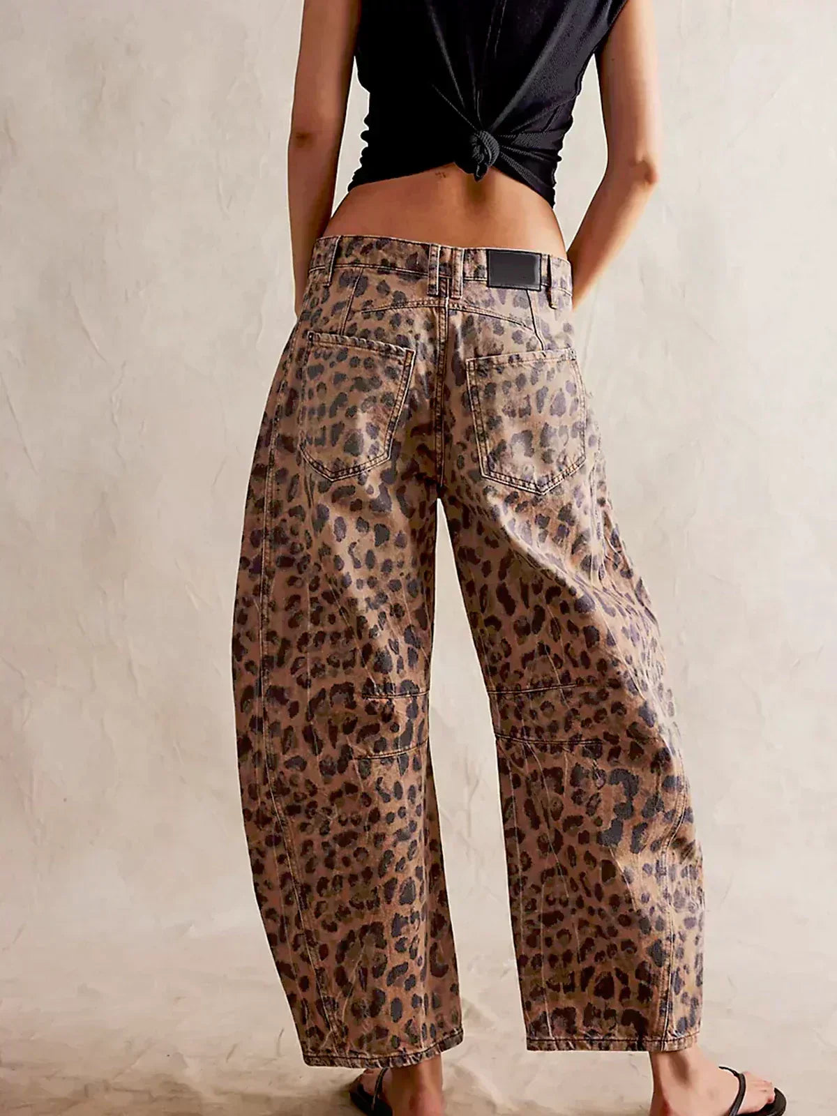 Wide-Leg Leopard Pattern Denim Trousers