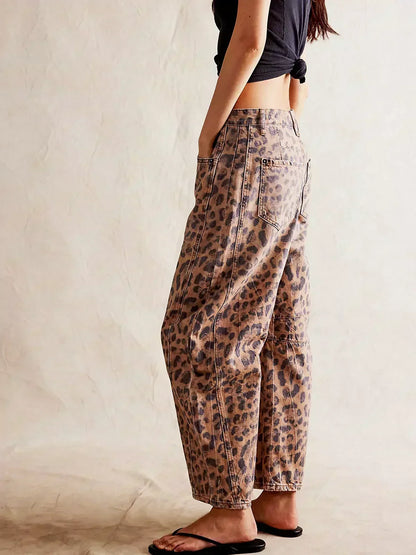 Wide-Leg Leopard Pattern Denim Trousers