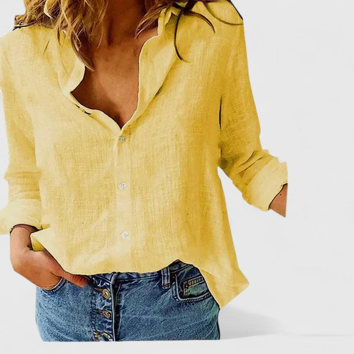Relaxed V-Neck Linen-Blend Button Top